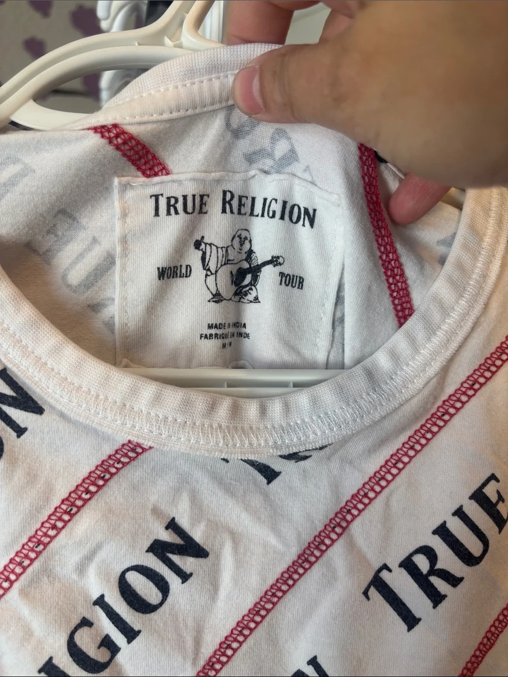 ⭐️True Religion White Tee with Black and Red Diagonal Logo Print